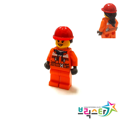 레고 피규어 시티 여성 건설 노동자 Construction Worker - Chest Pocket Zippers, Belt over Dark Gray Hoodie, Red Construction Helmet with Long Hair, Black Eyebrows